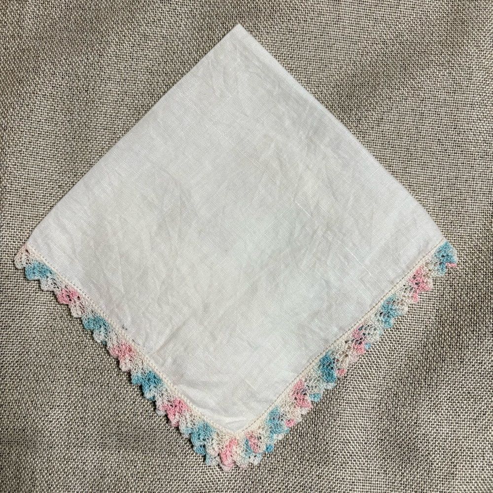 Vintage Linen Handkerchief Crochet Edge Pink Blue Bridal Hanky